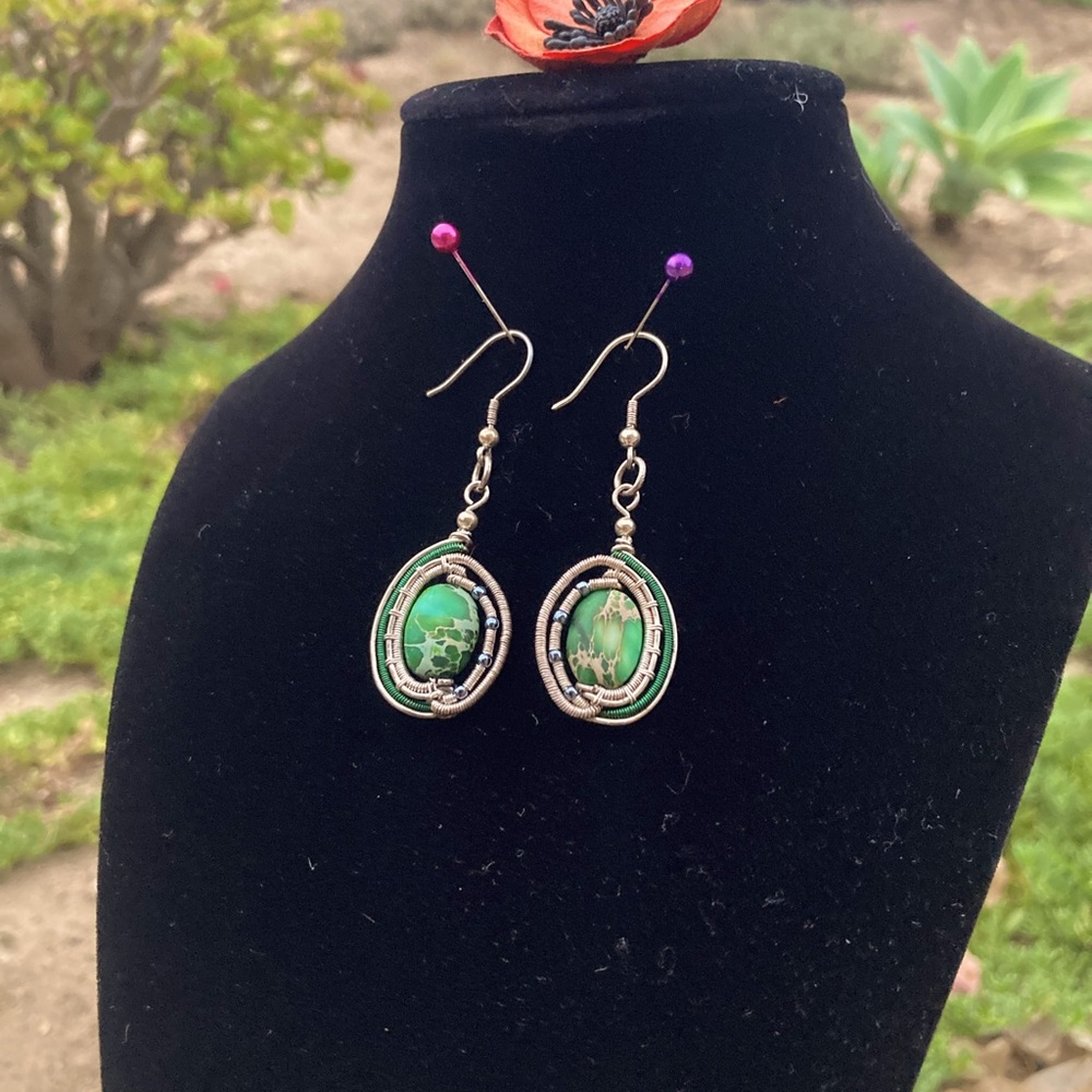 Silver Wire Earrings with Jasper Gemstone